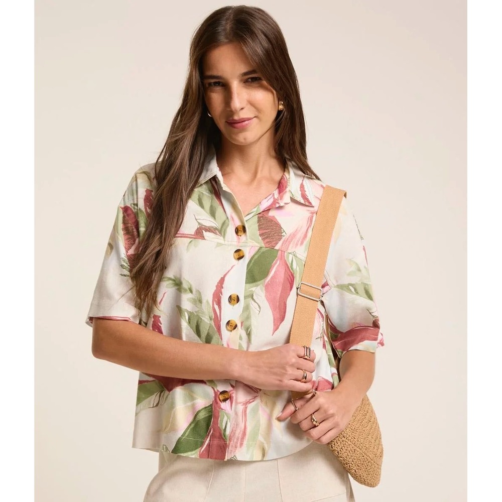 Marfinno Women Linen Tropical Botanical‎ Button Down Shirt Green Pink PP Resort